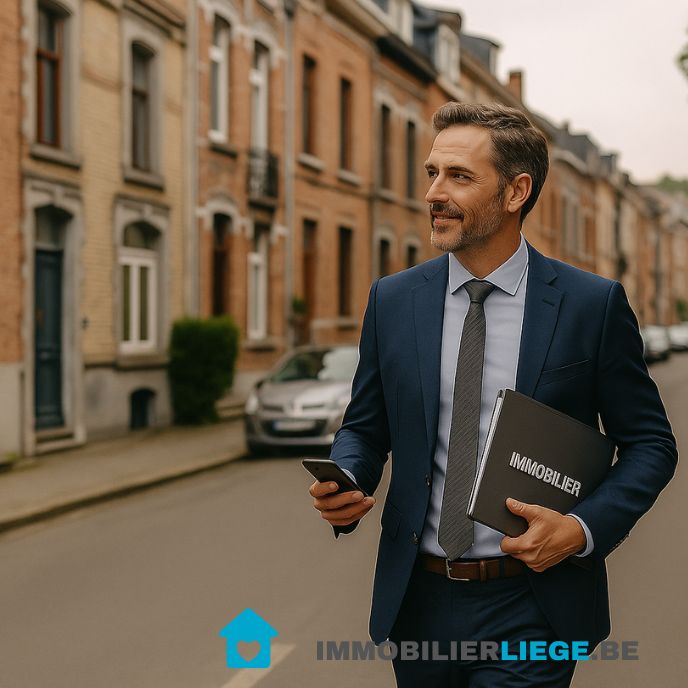 Gestionnaire immobilier en visite dans une rue résidentielle à Liège